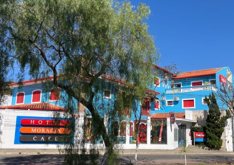 Fachada do Habtati Hotel emoldurada por árvore